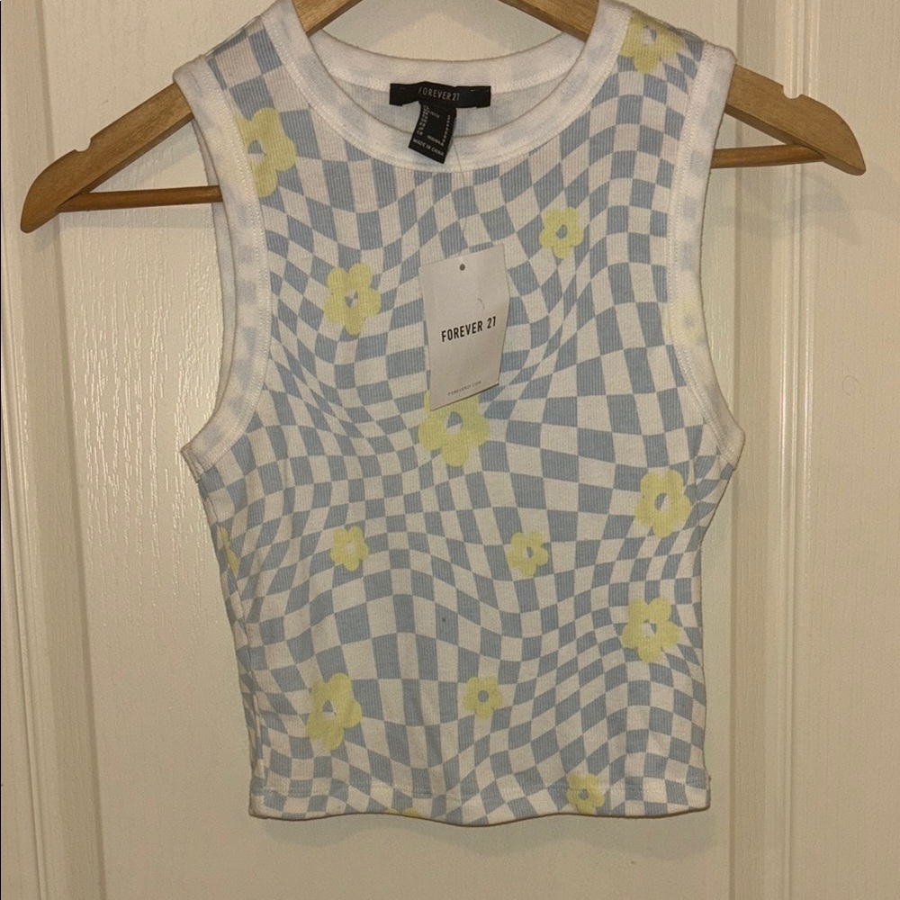 Forever 21 Blue and White Graphic Crop Tank Top